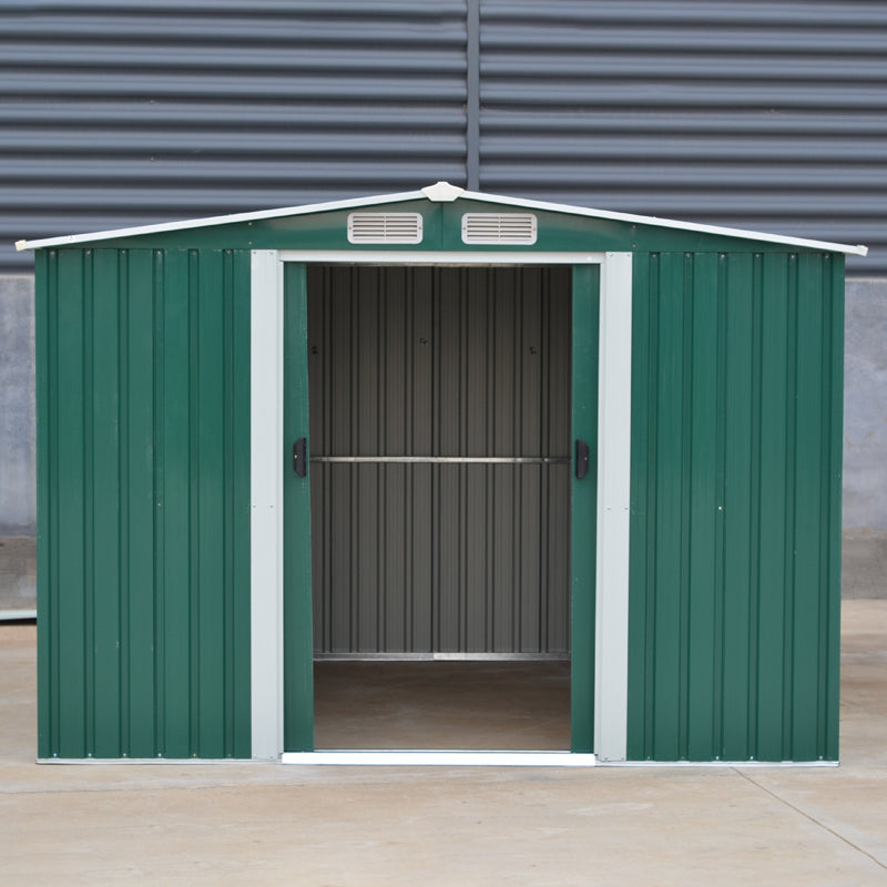 8x8ft Green Metal Garden Storage Shed With Gable Roof