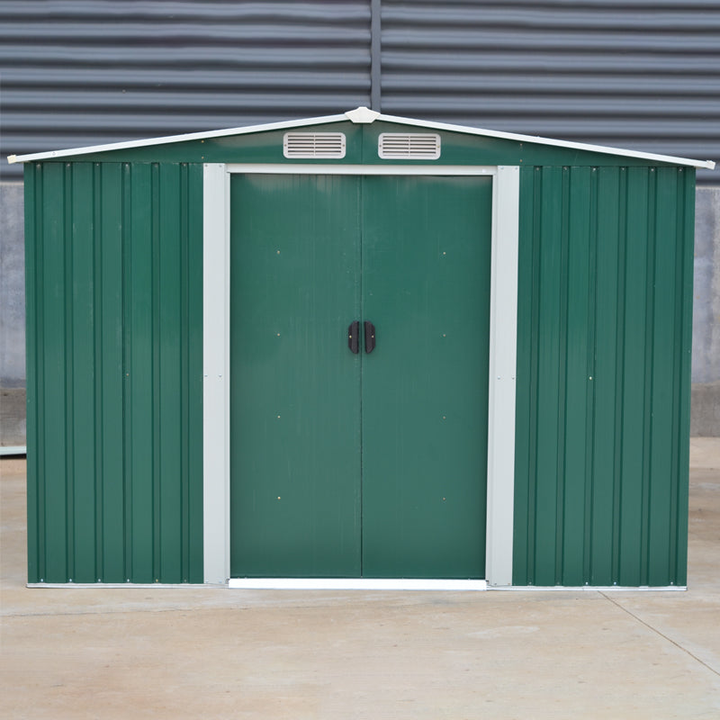 8x8ft Green Metal Garden Storage Shed With Gable Roof