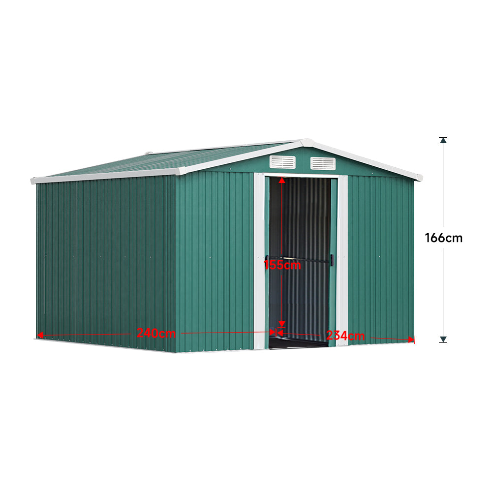 8x8ft Green Metal Garden Storage Shed With Gable Roof