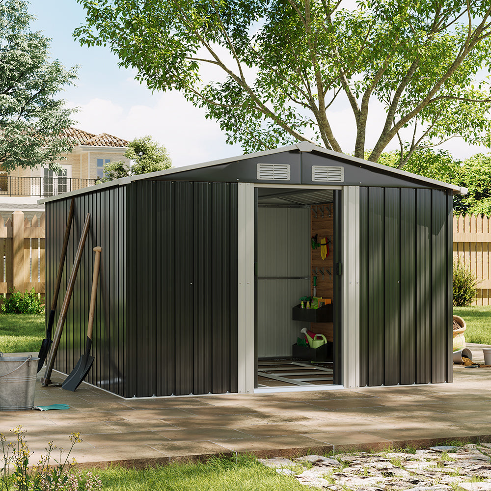8x8ft Black Large Metal Garden Storage Shed With Gable Roof