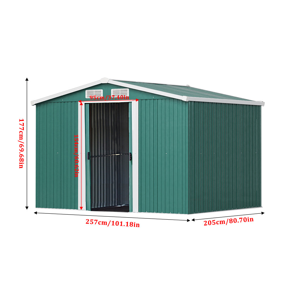 6x8ft Green Steel Garden Storage Shed with Gabled Roof Top
