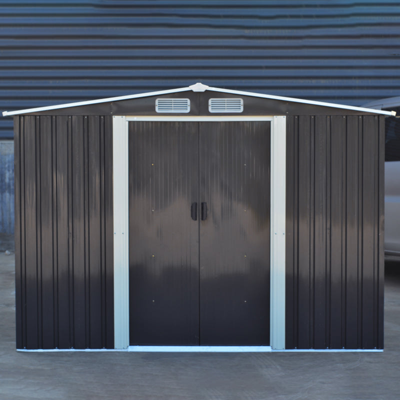 6x8ft Black Steel Garden Storage Shed with Gabled Roof Top