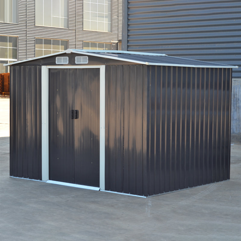 6x8ft Black Steel Garden Storage Shed with Gabled Roof Top