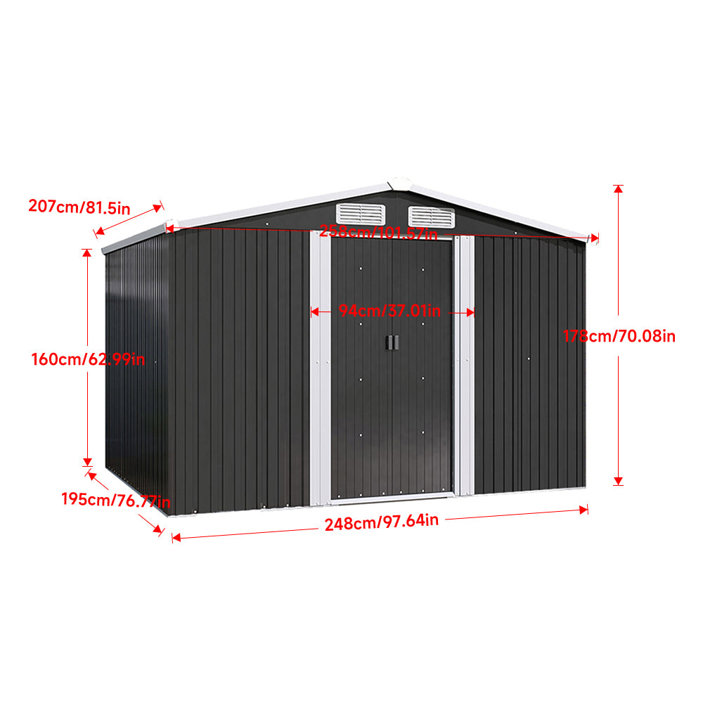 6x8ft Black Steel Garden Storage Shed with Gabled Roof Top