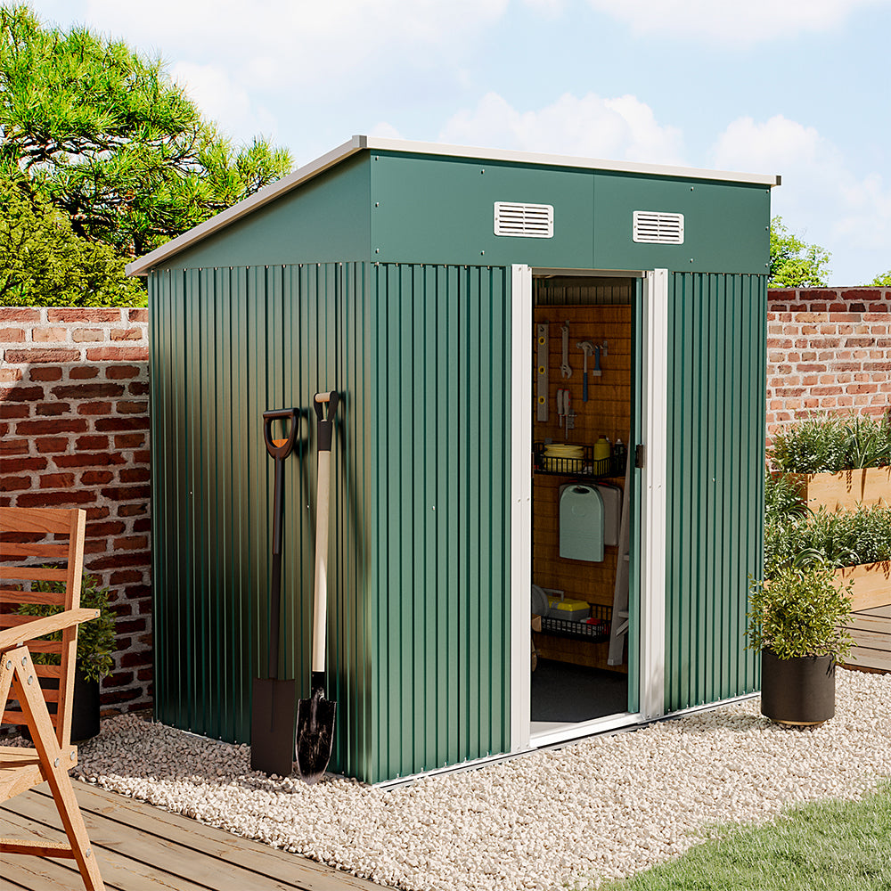 4x6ft Green Garden Metal Storage Tool Shed with Skillion Roof Top