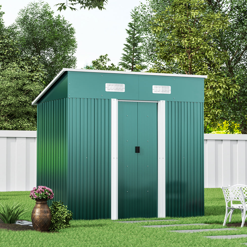 4x6ft Green Garden Metal Storage Tool Shed with Skillion Roof Top