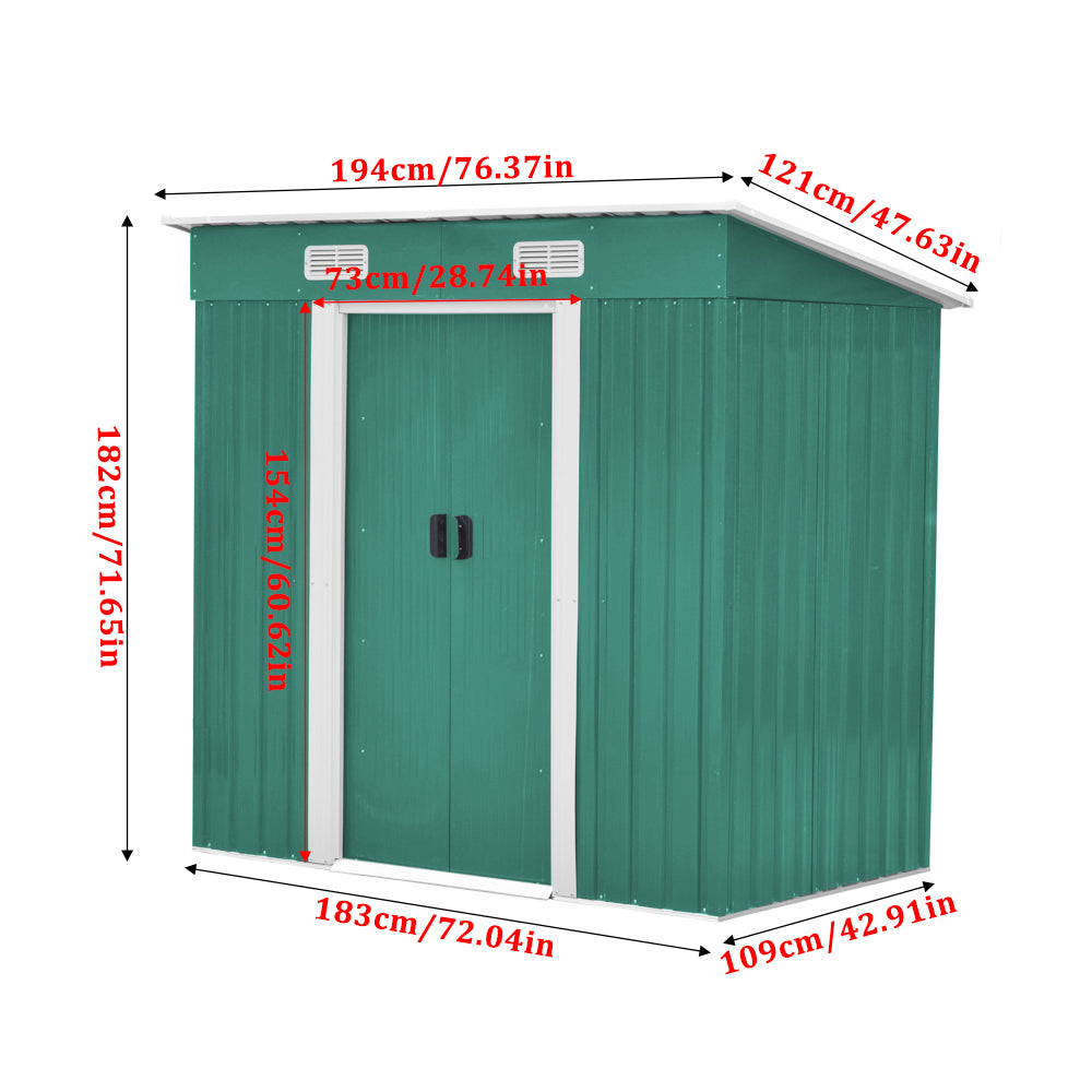 4x6ft Green Garden Metal Storage Tool Shed with Skillion Roof Top