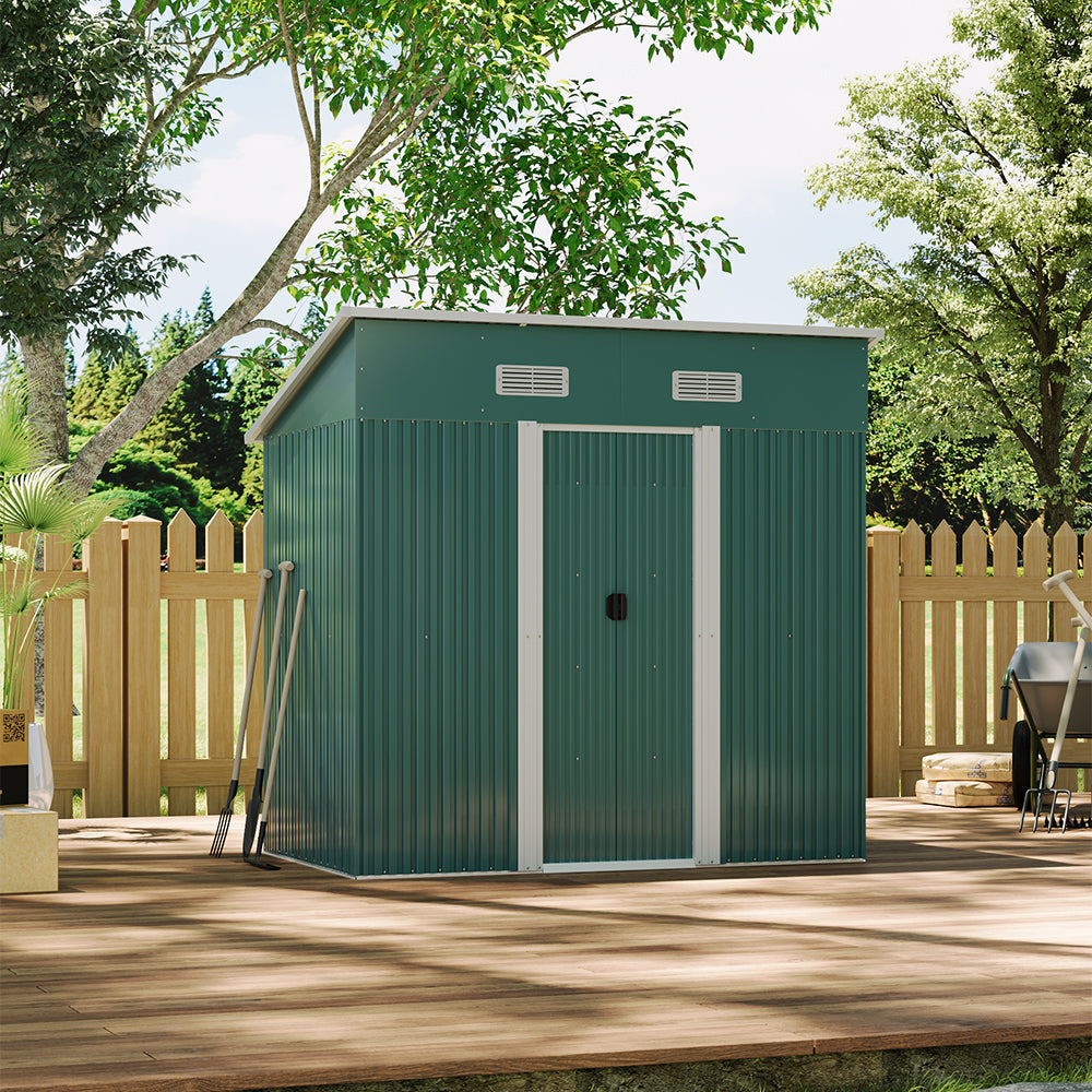 4x6ft Green Garden Metal Storage Tool Shed with Skillion Roof Top