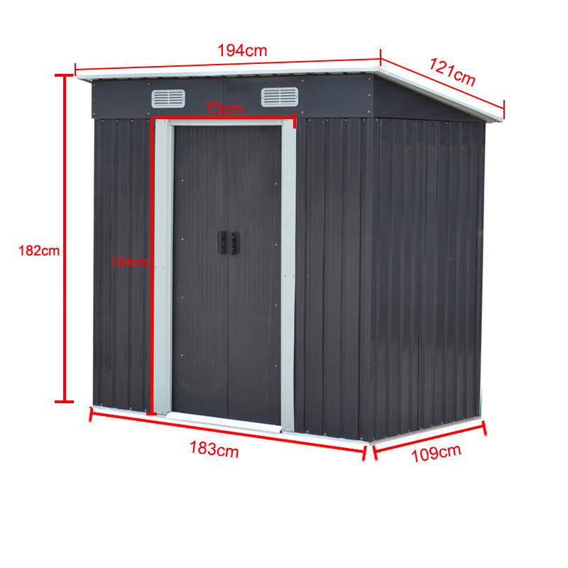 4x6ft Black Garden Steel Storage Shed with Sloped Top