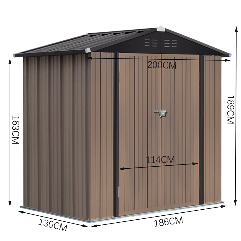 4x6ft Brown Steel Garden Tool Storage Shed with Gabled Roof Top