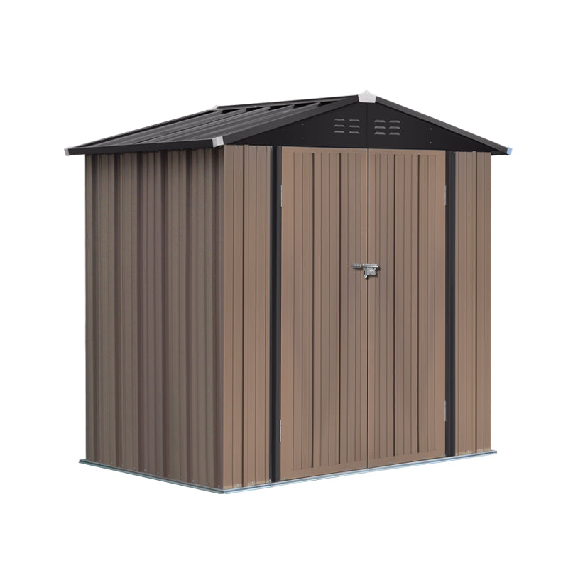 4x6ft Brown Steel Garden Tool Storage Shed with Gabled Roof Top