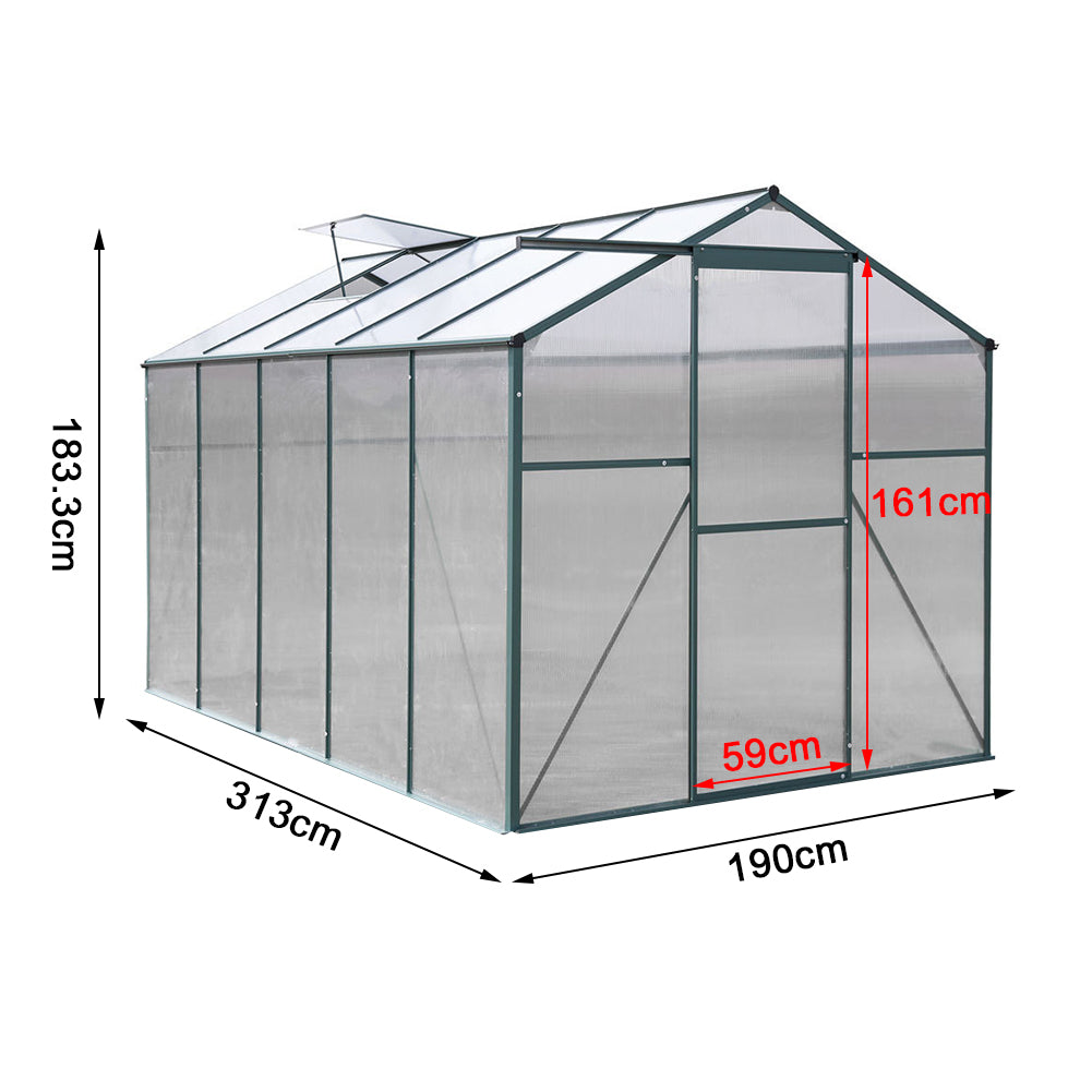 6x10ft Green Framed Garden Polycarbonate Greenhouse with Window Opening