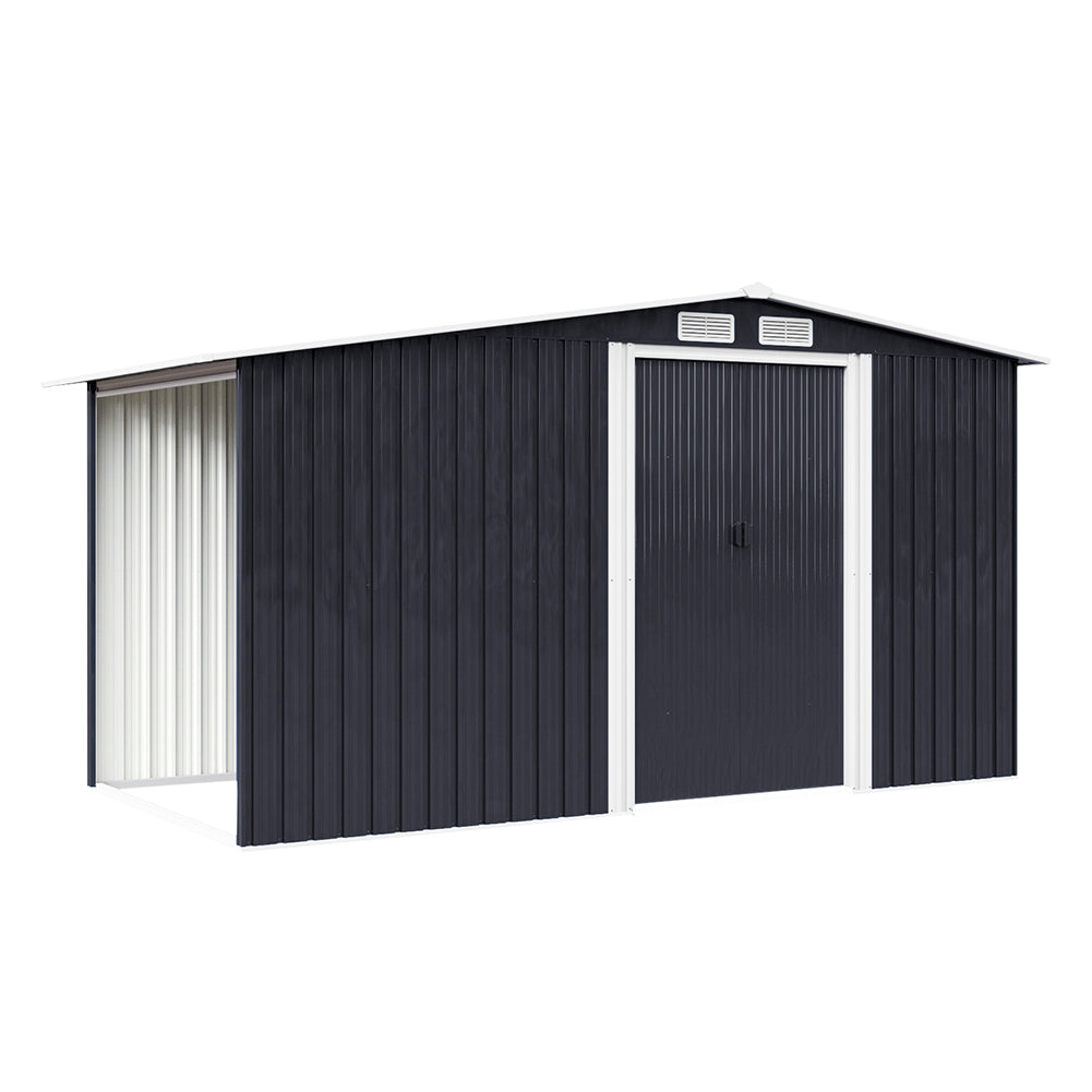 6x8ft Black Galvanized Steel Garden Storage Shed with Log Storage