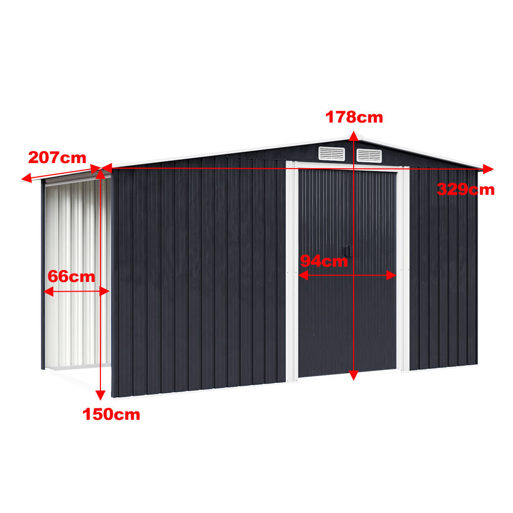 6x8ft Black Galvanized Steel Garden Storage Shed with Log Storage