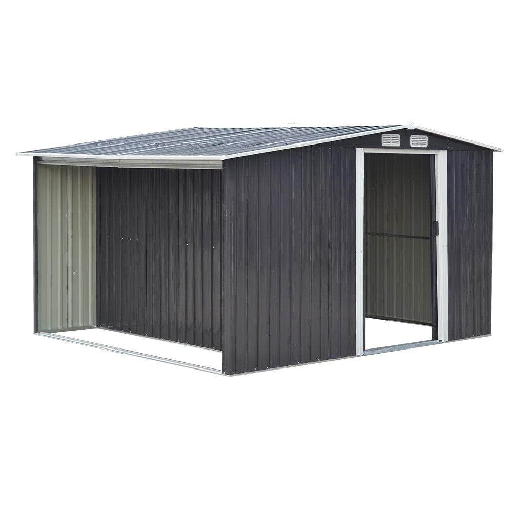 8x8ft Black Galvanized Steel Garden Storage Shed with Log Storage