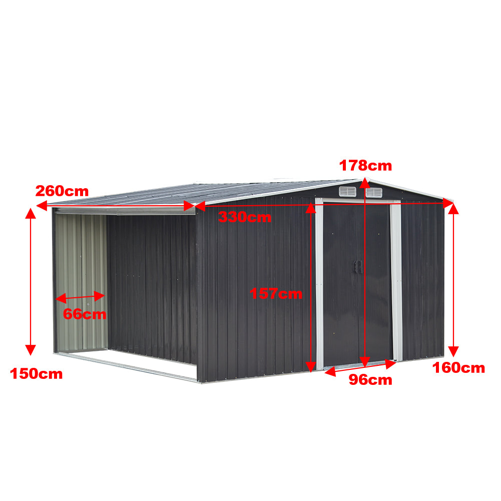 8x8ft Black Galvanized Steel Garden Storage Shed with Log Storage