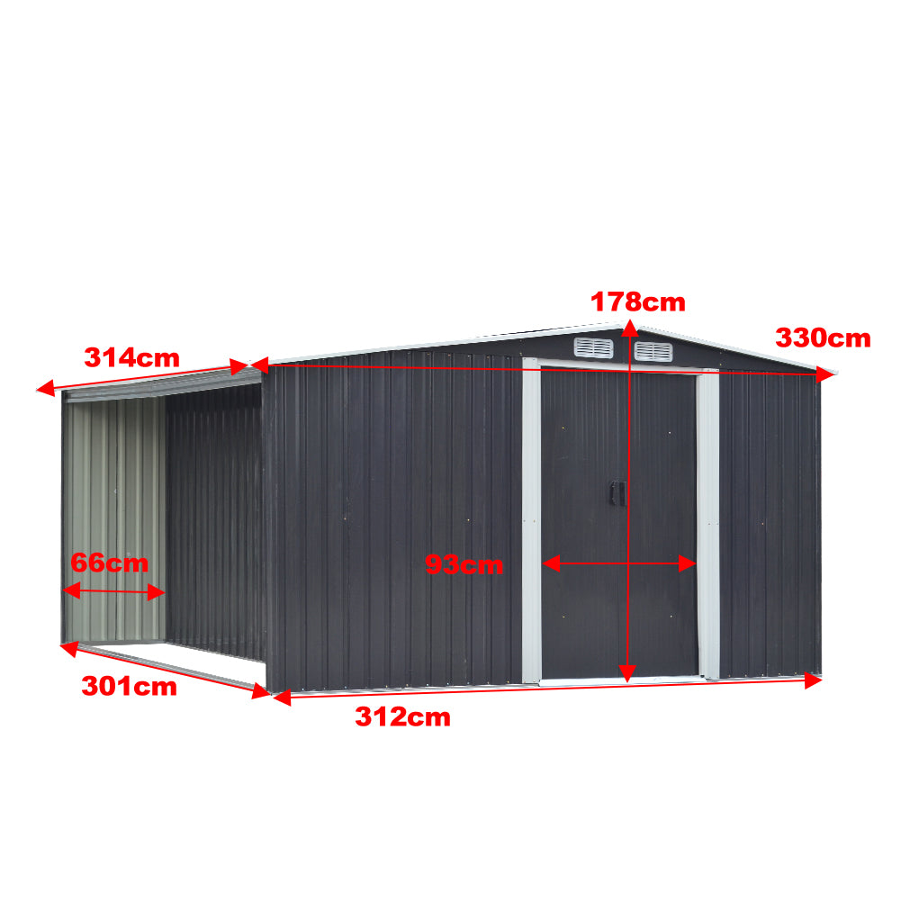 8x10ft Black Galvanized Steel Garden Storage Shed with Log Storage