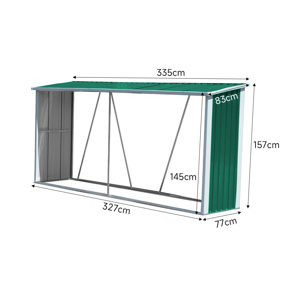3x11ft Green Garden Zinc Steel Firewood Log Storage Shed