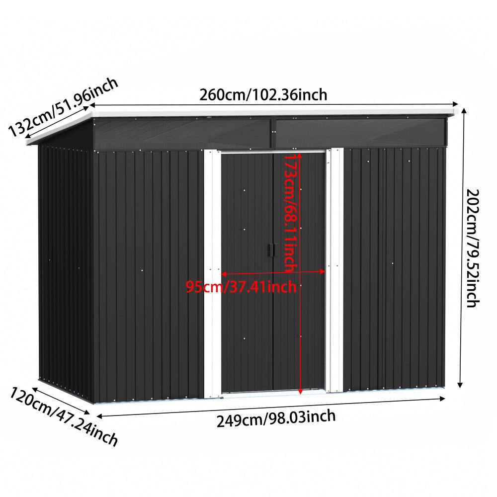 4x8ft Black Metal Garden Storage Shed with Lockable Sliding Doors
