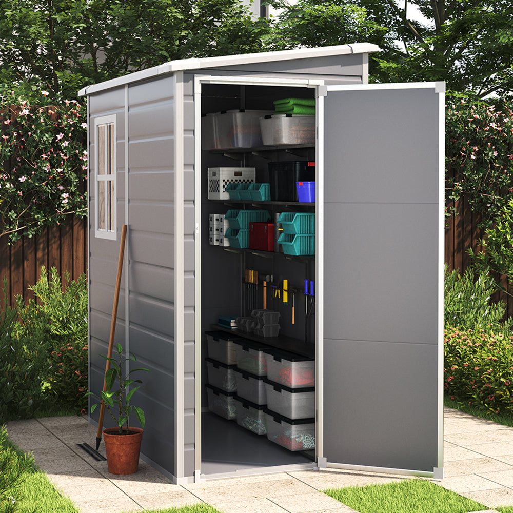 4x5ft Grey Plastic Lockable Garden Storage Shed with Sloped Top