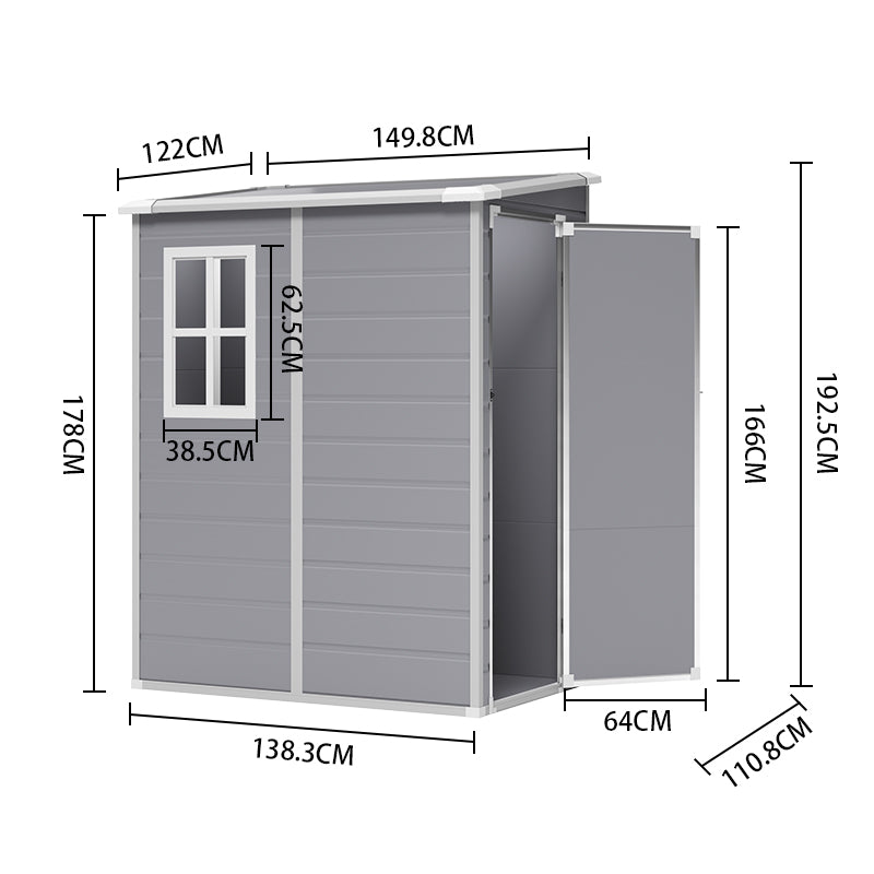 4x5ft Grey Plastic Lockable Garden Storage Shed with Sloped Top