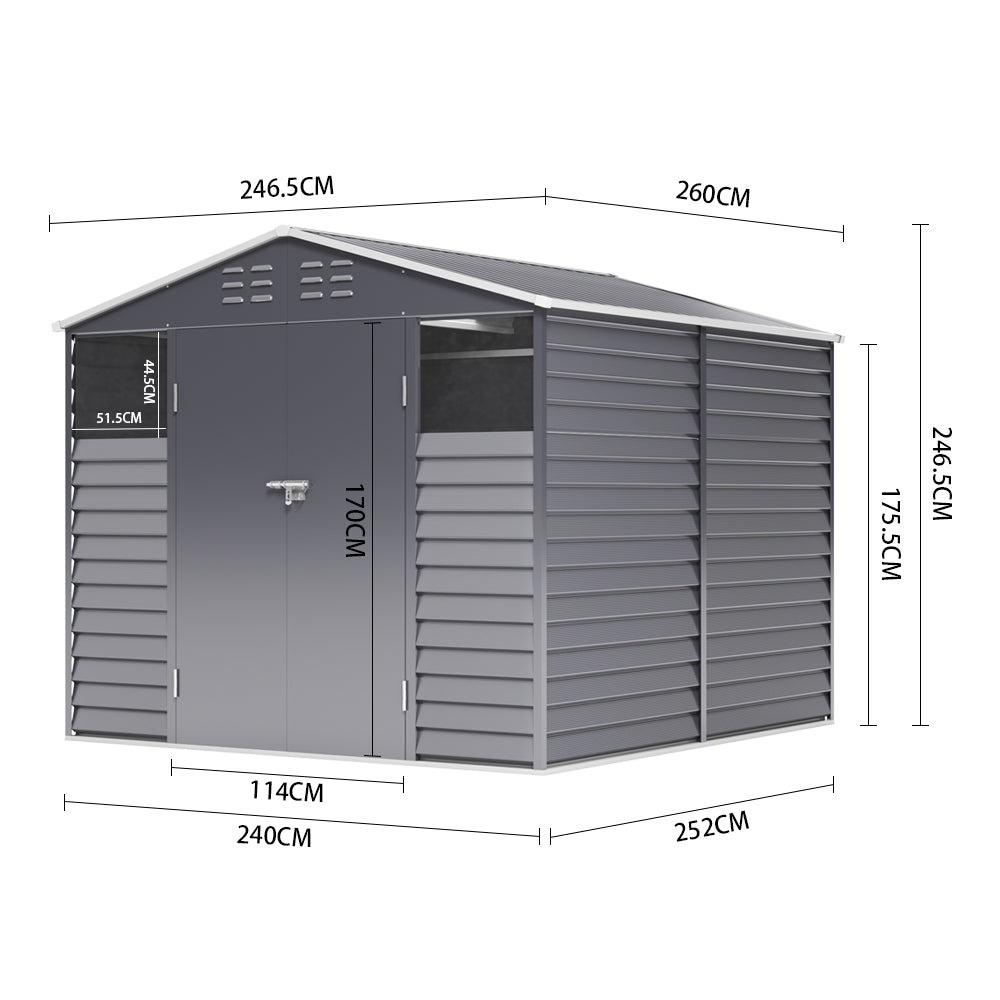 8x9ft Grey Double-Door Steel Tool Shed with Front Windows and Ventilation