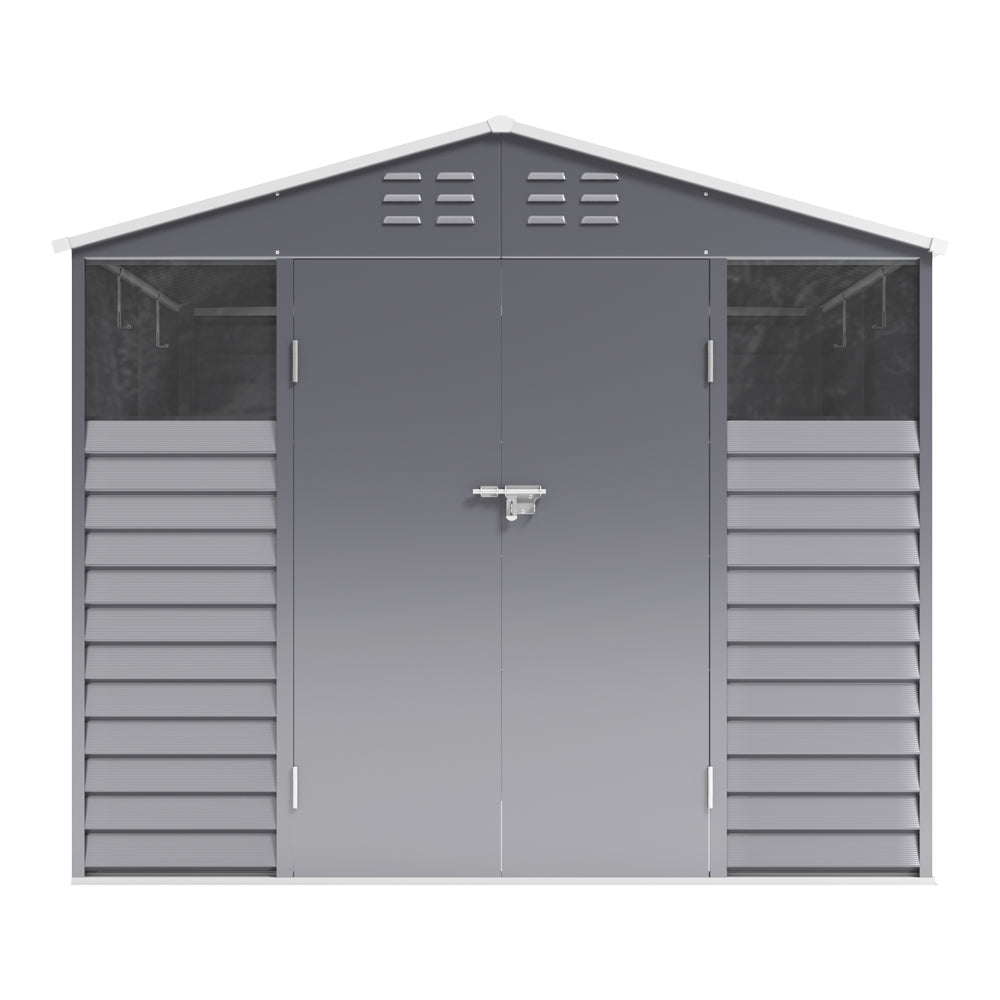 8x9ft Grey Double-Door Steel Tool Shed with Front Windows and Ventilation