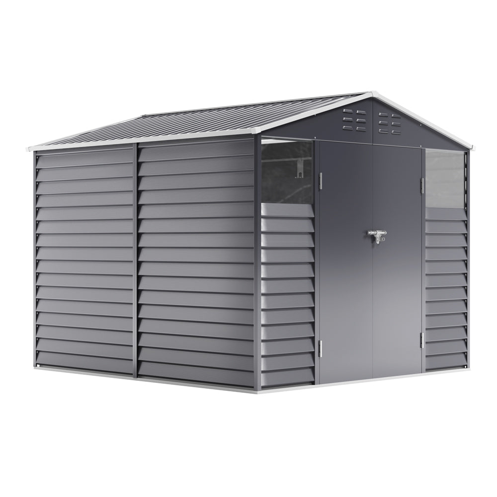 8x9ft Grey Double-Door Steel Tool Shed with Front Windows and Ventilation