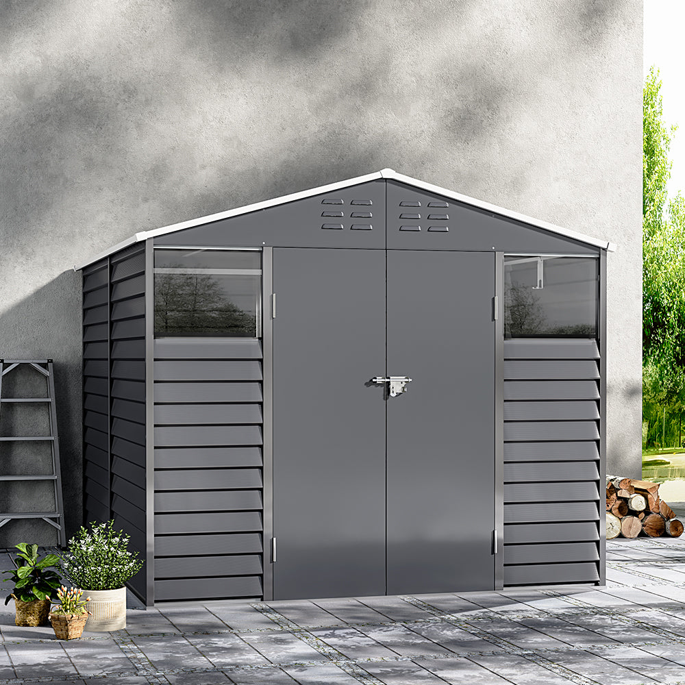 8x9ft Grey Double-Door Steel Tool Shed with Front Windows and Ventilation