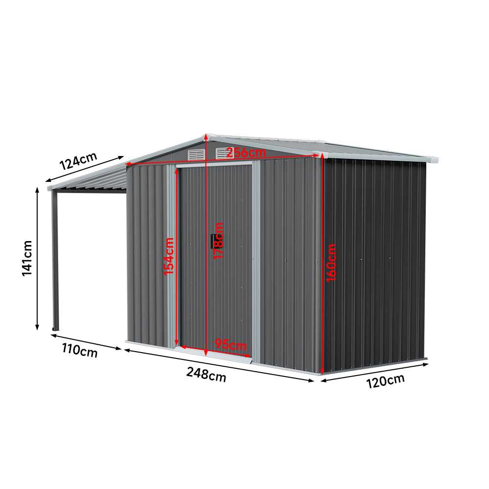 4x8ft Dark Grey Garden Metal Storage Shed with Lean-to