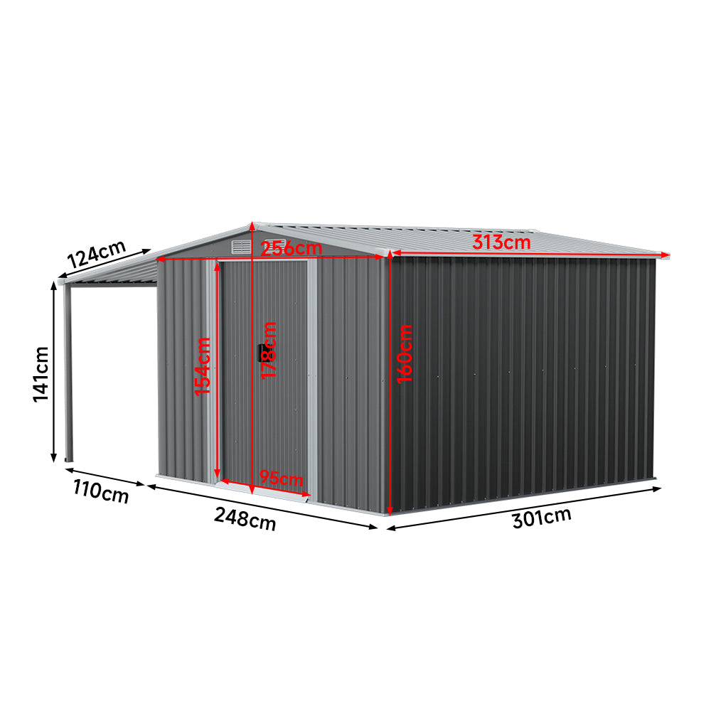 8x10ft Dark Grey Double Doors Galvanised Metal Tool Shed with Lean-to