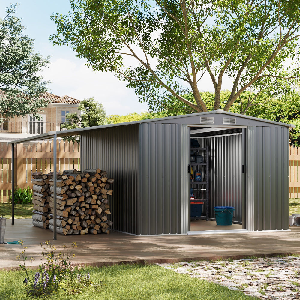 8x10ft Dark Grey Double Doors Galvanised Metal Tool Shed with Lean-to