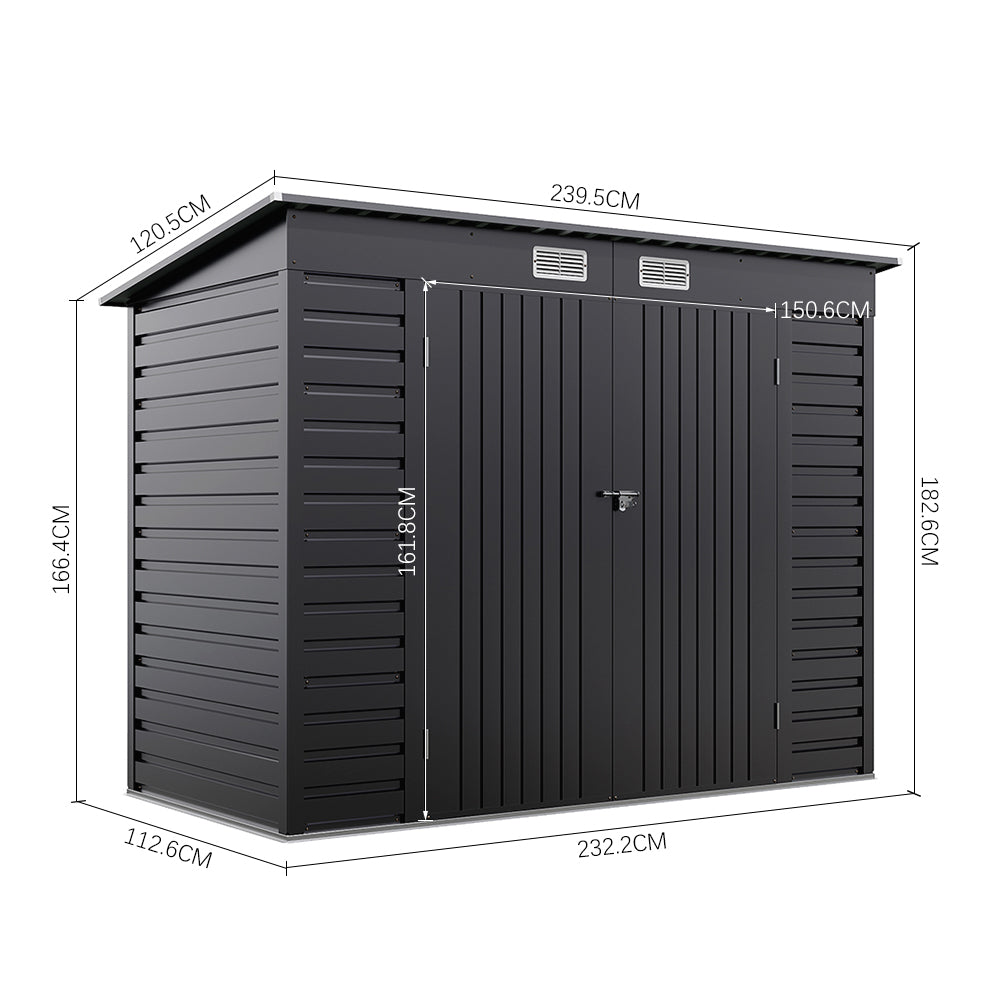 4x8ft Black Outdoor Galvanized Steel Storage Shed with Dual Doors