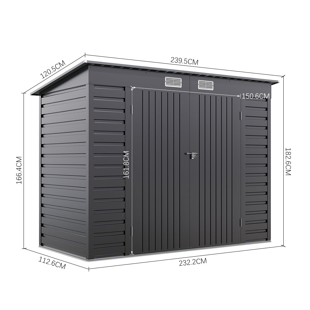 4x8ft Grey Outdoor Galvanized Steel Storage Shed with Dual Doors