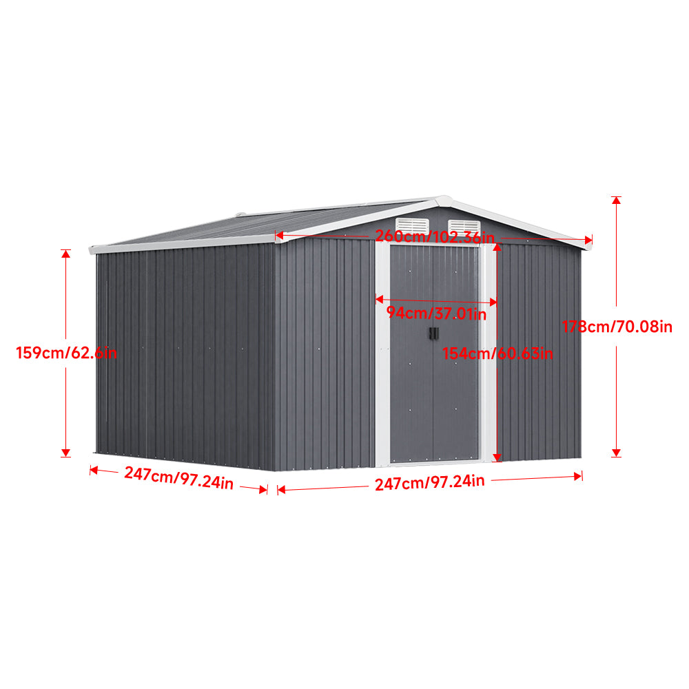 8x8ft Black Large Metal Garden Storage Shed With Gable Roof