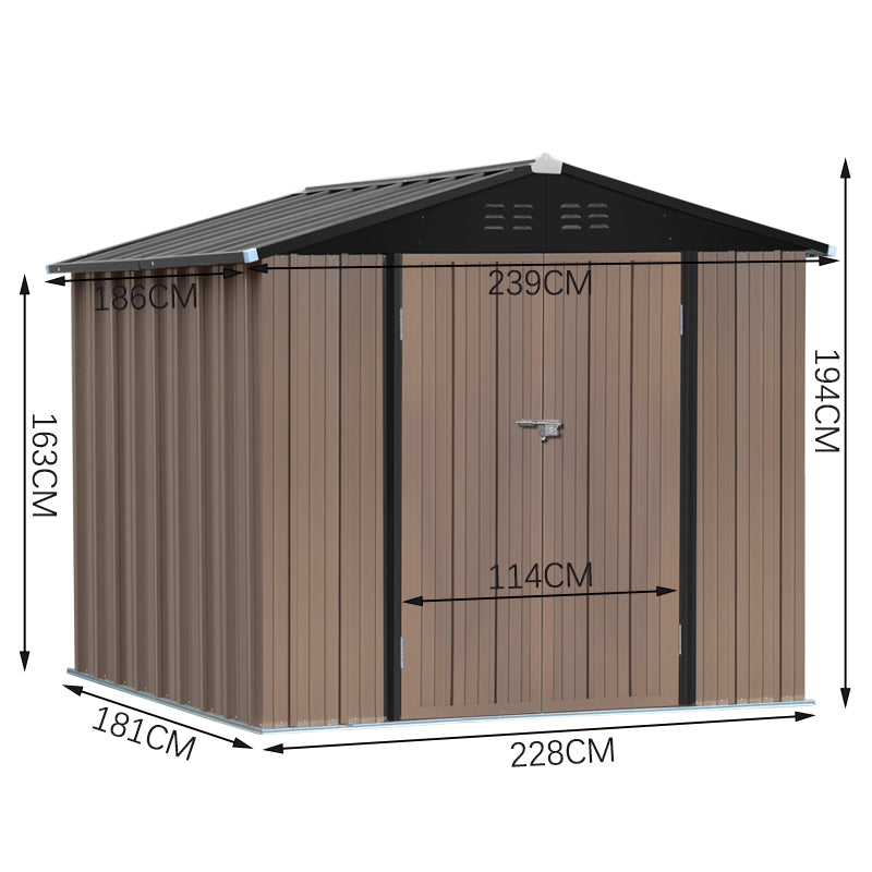 6x8ft Brown Large Galvanized Steel Lockable Apex Metal Shed