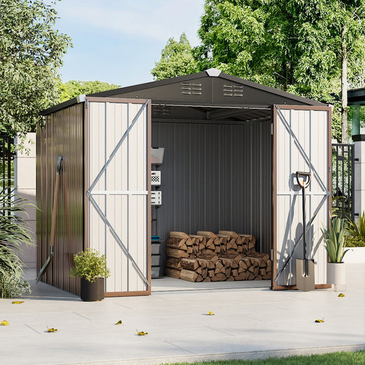6x8ft Brown Large Galvanized Steel Lockable Apex Metal Shed