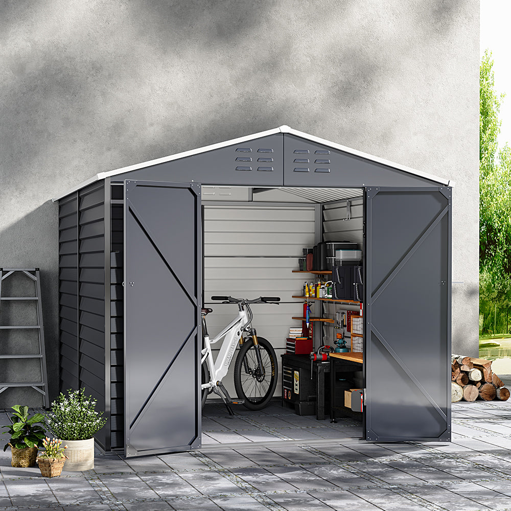 8x9ft Grey Double-Door Steel Tool Shed with Front Windows and Ventilation
