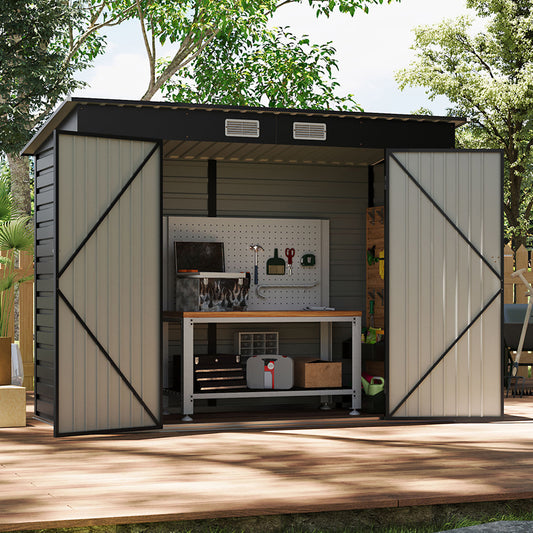 4x8ft Black Outdoor Galvanized Steel Storage Shed with Dual Doors